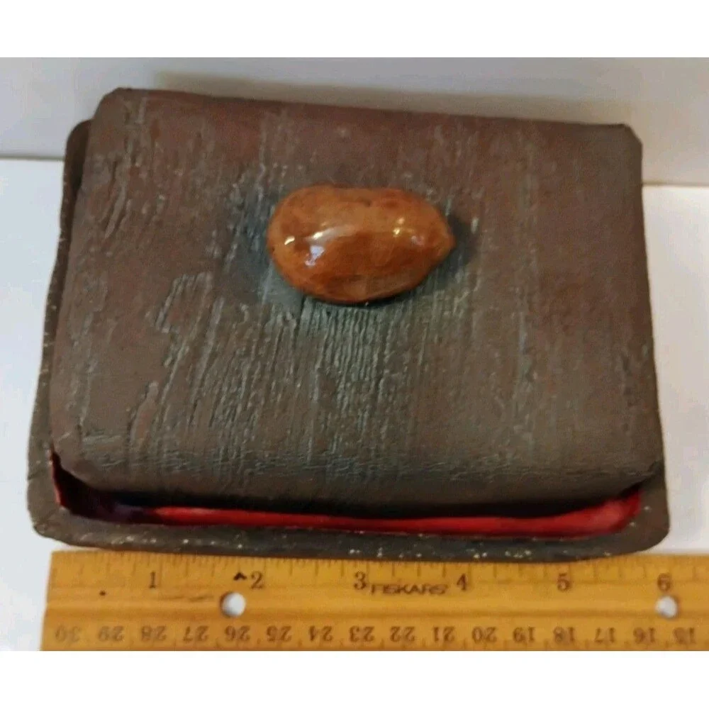 Vintage Studio Pottery Butter Dish Faux Bois Wood Bark Ceramic Covered Box Red